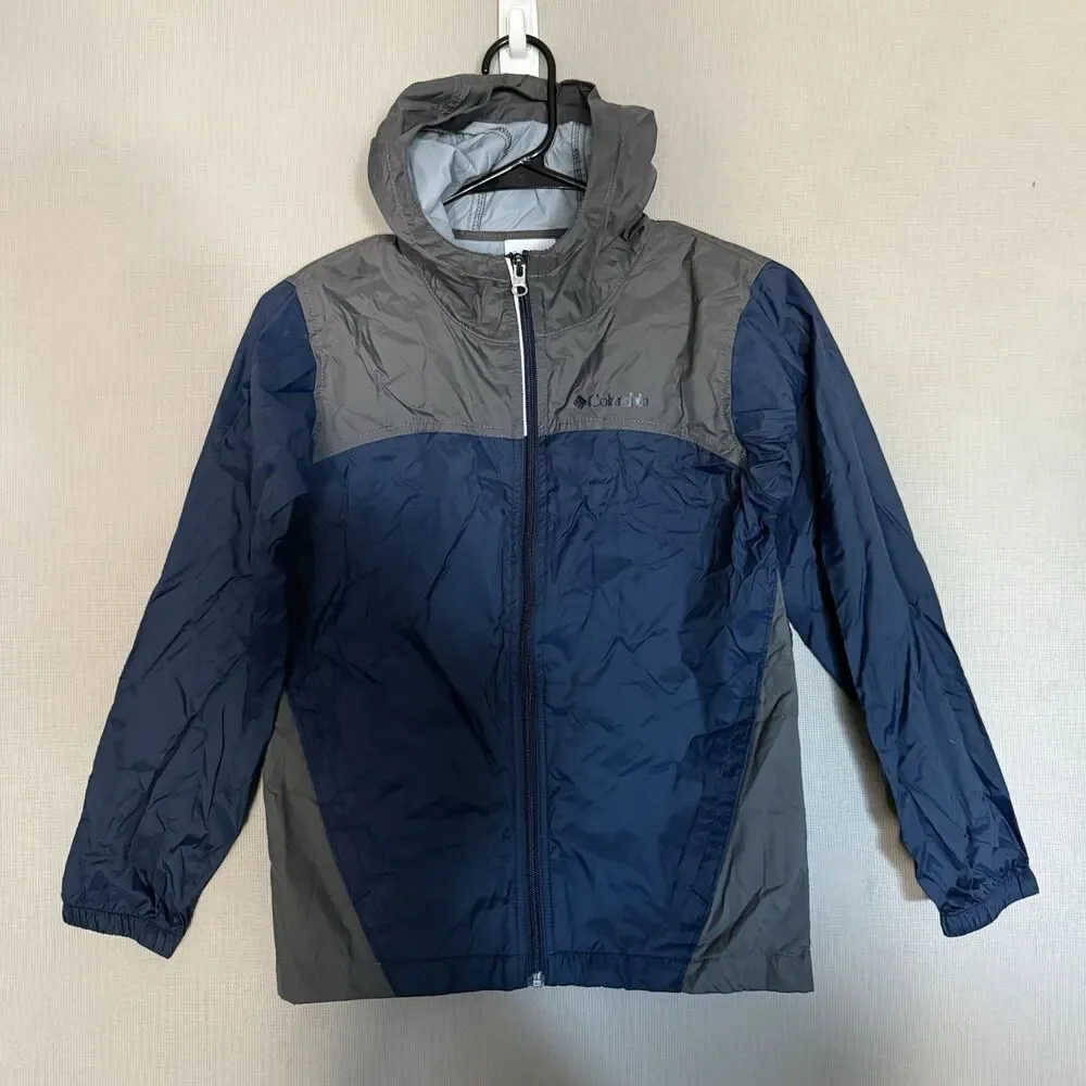 Columbia Youth Boys Rain Jacket Medium M 10/12 Blue Gray Windbreaker Hooded Zip